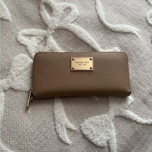Michael Kors Taupe Brown Saffiano Zip Wallet with Gold Plaque